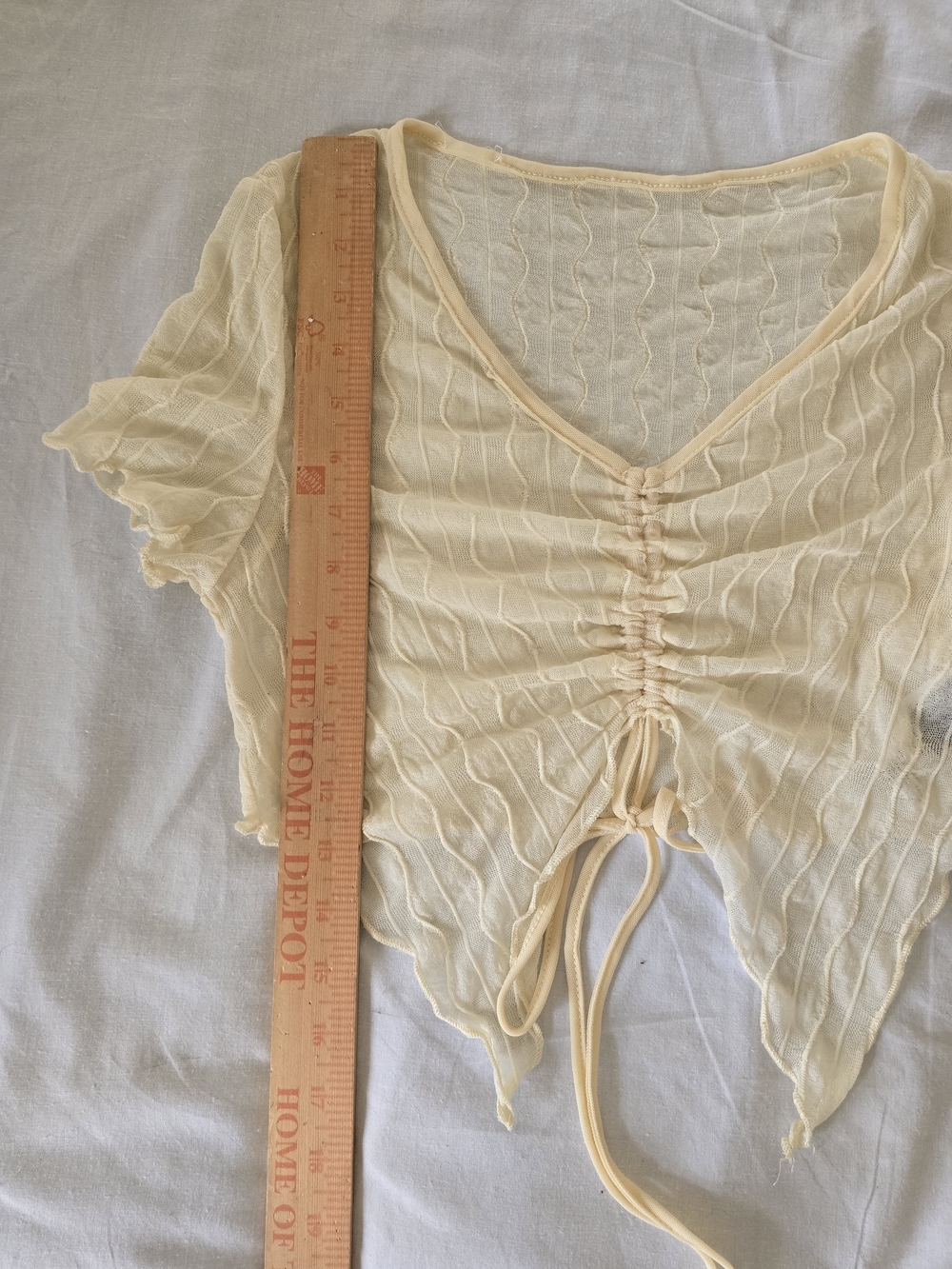 Sheer Ruched Drawstring Crop Top - Pale Yellow - Picture 4 of 7
